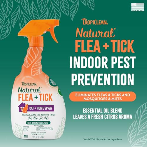 Tropiclean Flea And Tick Treatment Spray For Cats & Home Safely Treat Prevent & Control By Contact Powerful & Natural Defense Usa Made 32Oz