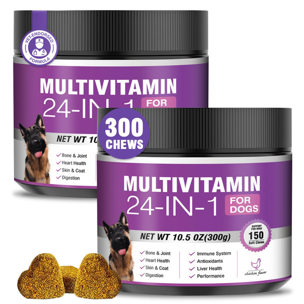 Ttlxbl 24-In-1 Dog Vitamins And Supplements 200 Ct Dogs Multivitamin Chewable Contain Chondroitin Probiotics Omega-3 Glucosamine For Dogs Skin Coat Heart Joint Gut Liver Brain Eyes Immune Support - Chicken