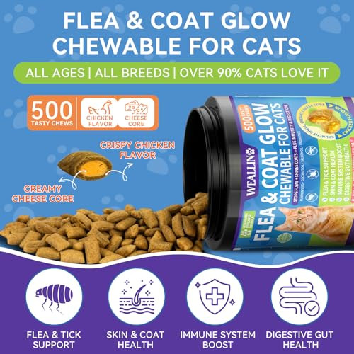 Weallin Flea And Tick Prevention For Cats - 500 Crunchy & Creamy Chews Cat Flea Treatment With Skin & Coat Support Oral Natural Flea Chewables For Gut & Immunity Support For All Breeds & Ages Chicken Flavor