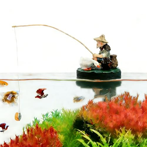 Wtvlax Fish Tank Decorations Floating Fish Tank DecorationsRetro Fisherman Sculpture Fish Tank Decoration With Three Small Ornaments With Mini Fishing Rod Funny Cool For Betta Bowl Zen Aquariums