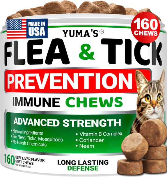 Yuma'S Flea Treatment For Cats - Flea And Tick Prevention For Cats - 160 Soft Treats - Natural Oral Supplement Pills For Kittens - All Breeds & Ages - Made In Usa