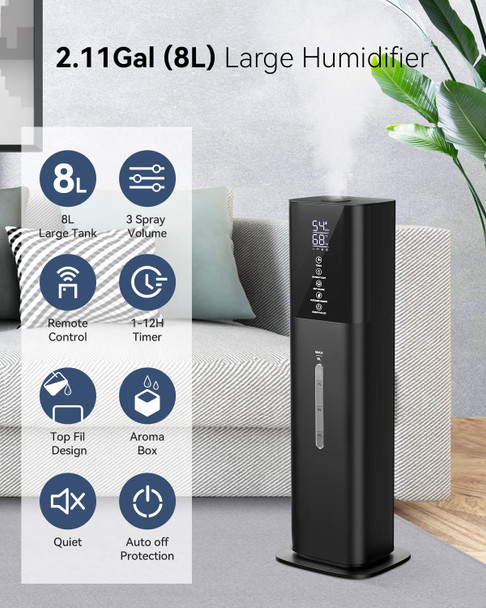 let'me Humidifiers for Bedroom, 2.11Gal 8L Quiet Humidifiers for Large Room with Timer, 360°Nozzle, 3 Speed Ultrasonic Cool Mist Humidifier with Humidistat for Baby Home Adults Plants - Black
