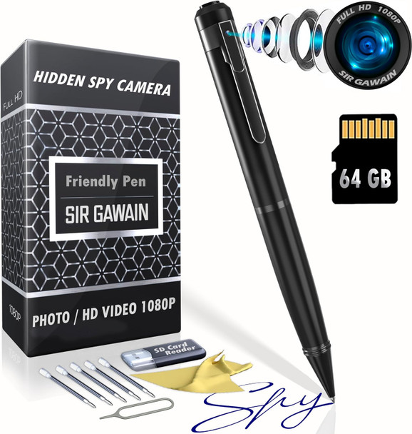Mini Spy Camera Hidden Camera Pen 1080p & 64GB Micro SD - [Upgraded 2024] Small Nanny Cam Spy Pen Camera Full HD Video or Picture Taking - Secret Camera with Wide Angle Lens, Rechargeable