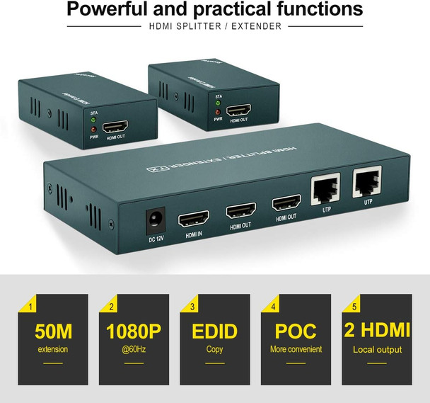HDMI Extender Splitter 1x2, HD1080P@60Hz & 3D Visual, Extending 165ft (50m) Length Transmission Over CAT5e/CAT6/CAT7 Cable, 2 Channel Transmission with 2 HDMI Loop Out1 HDMI Extender Splitter 1x2, HD1080P@60Hz & 3D Visual, Extending 165ft (50m) Length Transmission Over CAT5e/CAT6/CAT7 Cable, 2 Channel Transmission with 2 HDMI Loop Out1