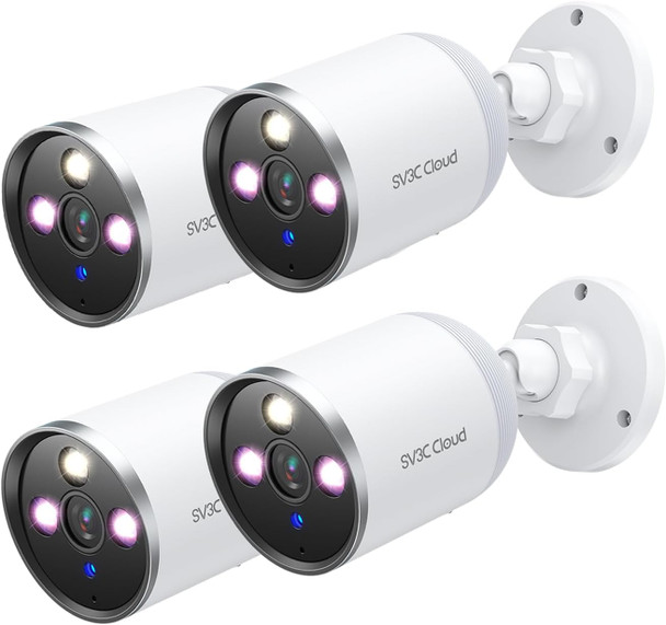 SV3C 2K WiFi Camera Outdoor, 4 Pack Wired Security IP Cameras for Home Outside Indoor Support ONVIF, Full Color Night Vision, Sound Motion Detection, Two-way Audio, Cloud & SD Card Record, USB Powered