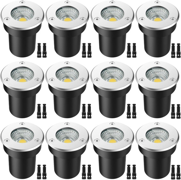 Ledvie Led Landscape Lights 7W Ground Lights With 24 Connectors Low Voltage In-Ground Well Pathway Lighting Waterproof For Driveway Deck Step Garden Warm White 12 Pack