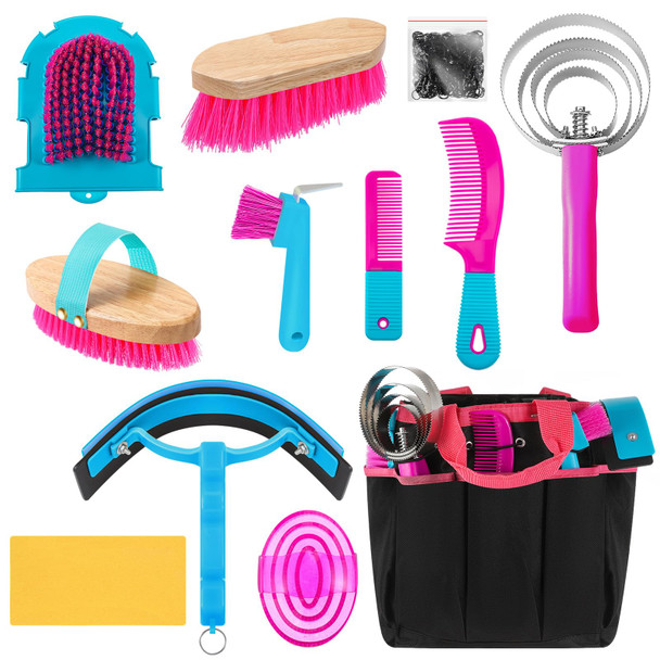 Abbylike 12 Pieces Horse Grooming Kit With Organizer Tote Bag Tack Room Supplies Horse Brush Sets Equine Care Cleaning Kit Shedding Grooming Massaging Tools(Pink And Grey)