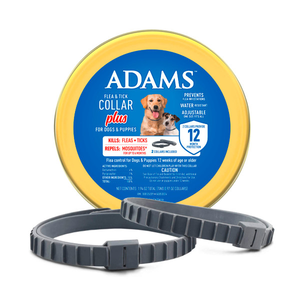 Adams Flea & Tick Collar Plus For Dogs & Puppies 12 Months Protection Against Flea Infestations Kills Fleas & Ticks Repels Mosquitoes For Up To 6 Months (Excl. California) One Size Fits All 2 Ct