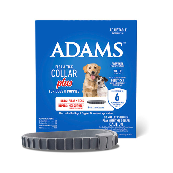 Adams Flea & Tick Collar Plus For Dogs & Puppies 12 Months Protection Against Flea Infestations Kills Fleas & Ticks Repels Mosquitoes For Up To 6 Months (Excl. California) One Size Fits All 2 Ct