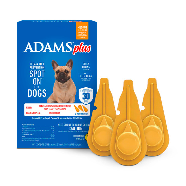 Adams Plus Flea & Tick Prevention Spot On For Dogs 15-30 Pounds 12 Weeks & Older 3-Month Supply Kills Fleas Flea Eggs Flea Larvae & Brown Dog & Deer Ticks Kills & Repels Mosquitoes For 30 Days