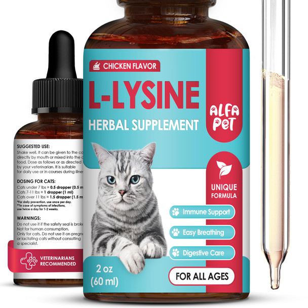 Alfa Pet L Lysine For Cats Helps With Watery Eyes Sneezing Cough Allergy Works As Natural Antibiotic For Cats Feline Upper Respiratory Supplement With Vitamins Probiotic And Chicken Flavor 2 Oz