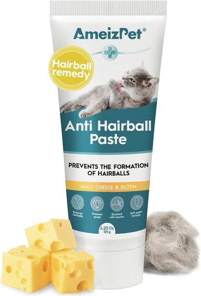 Ameizpet Hairball Remedy For Cats Anti-Hairball Malt Paste For Pet Fur Treatment For Long & Short Fur Cats 4.23 Oz (120G)
