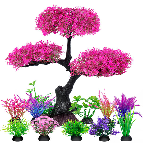Ameliade Aquarium Artificial Plastic Plants Decoration Pink Cherry Blossom Tree Aquarium Decor Set Goldfish Betta Fish Tank Decorations Hides Accessories Pink