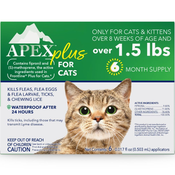 Apex Animal Health Plus Cat Flea And Tick Treatment 6-Month Supply Over 1.5 Lbs Flea Treatment For Cats & Kittens 24-Hour Activation Waterproof 30-Day Protection