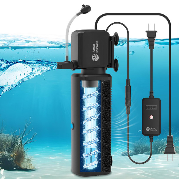 Aquamiracle Aquarium Filter With U - V Light & Filter Sponge Fish Tank Filter With Timer For Green Water Turtle Filter With Aeration & Rainfall Mode For Aquarium 10-30 Gallon