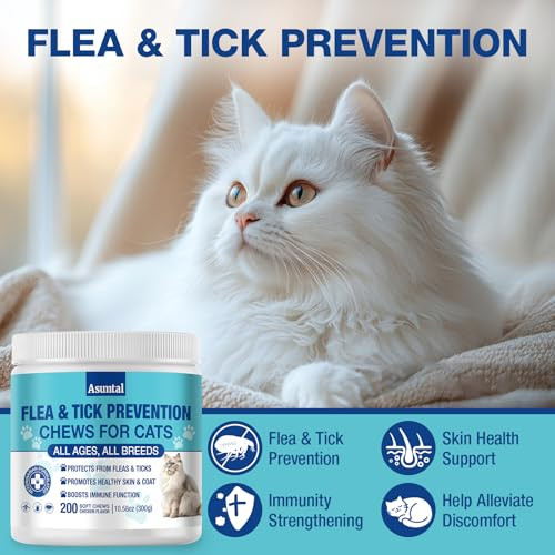 Asumtal Flea And Tick Prevention For Cats Chewable Natural Cat Flea Treatment Oral Kitten Cat Flea & Tick Control Flea Pills Supplement With Vitamins Support Immune Skin & Coat 200 Soft Chews (Chicken)