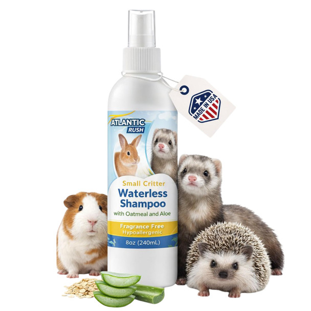 Atlantic Rush Waterless Shampoo For Small Critters - 8Oz Cruelty Dry Shampoo - No Rinse For Pet Ferrets Guinea Pigs Hedgehogs Sugar Gliders Rabbits & Hamsters (8 Oz Fragrance )