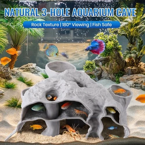 Avenuebool Aquarium Cave Three Hole 3D Rock Texture Fish Tank Tunnel & Hideout Natural Under Gravel Aquarium Decor For Small Fish Shrimp Corydoras Pleco Kuhli Loach Hermit Crabs