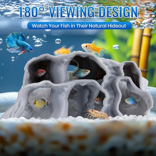 Avenuebool Aquarium Cave Three Hole 3D Rock Texture Fish Tank Tunnel & Hideout Natural Under Gravel Aquarium Decor For Small Fish Shrimp Corydoras Pleco Kuhli Loach Hermit Crabs