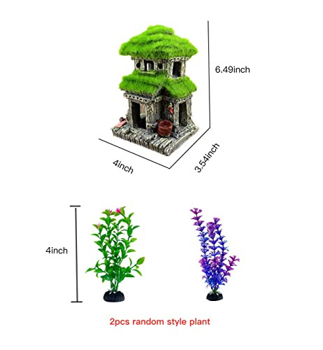 Awxzom Fish House - Aquarium Decoration With Lifelike Moss Comes With 2X Artificial Plants
