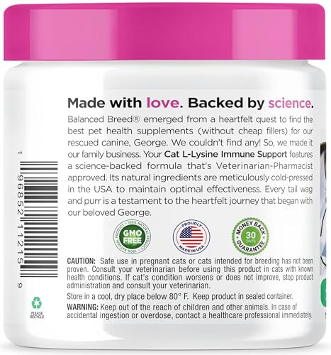 Balanced Breed L-Lysine Cats Immune Support Soft Chews Made In Usa Vet-Pharmacist Approved Seasonal Allergy Relief Cat Vitamins Indoor Cats Supplements Krill Oil Asthma Relief Cat Lysine Treats Nongmo
