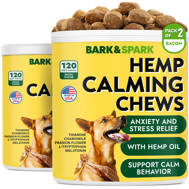 Bark&Spark Calming Hemp Treats For Dogs - Made In Usa With Hemp Oil - Anxiety Relief - Separation Aid - Stress Relief During Fireworks Storms Thunder - Aggressive Behavior Barking - 240 Soft Chews