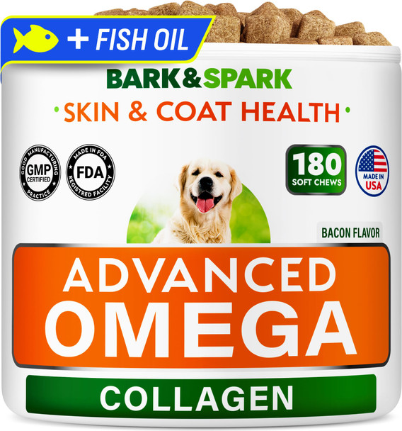 Bark&Spark Omega 3 For Dogs - 180 Fish Oil Treats For Dog Shedding Skin Allergy Chews Itch Relief Hot Spots Treatment - Joint Health - Skin And Coat Supplement - Epa & Dha Fatty Acids - Salmon Oil