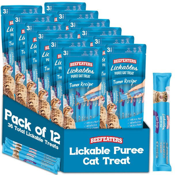 Beefeaters Wet Cat Treats Lickable 48 Count Puree Variety Pack - Salmon Tuna Chicken For Hydration & Training Grain Taurine Enriched High Moisture Lickable Cat Treats Squeeze Up For Picky Eater