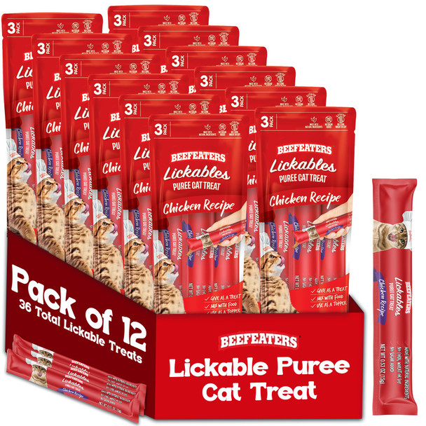 Beefeaters Wet Cat Treats Lickable 48 Count Puree Variety Pack - Salmon Tuna Chicken For Hydration & Training Grain Taurine Enriched High Moisture Lickable Cat Treats Squeeze Up For Picky Eater