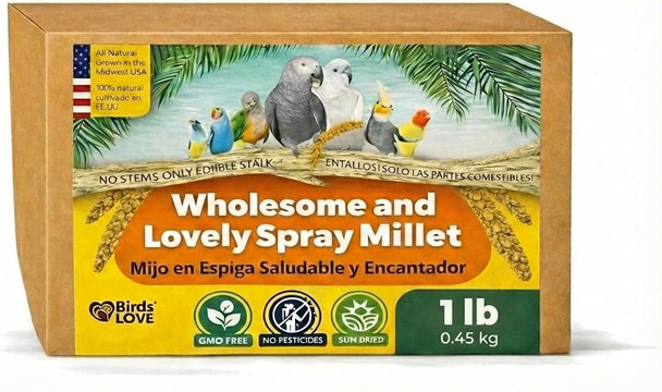 Birds Love 1Lb Wholesome Spray Millet For Birds Grown Harvested & Packed In The Usa 100% Natural Sun Dried Bird Treat Foraging Millet For Parakeets Cockatiels Conures Budgies & Parrots