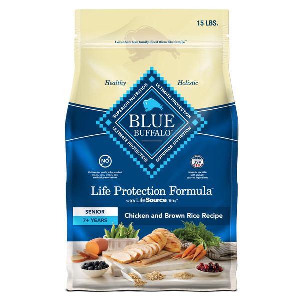 Blue Buffalo Life Protection Formula Senior Dry Dog Food Supports Joint Health And Mobility Made With Natural Ingredients Chicken & Brown Rice Recipe 15-Lb. Bag