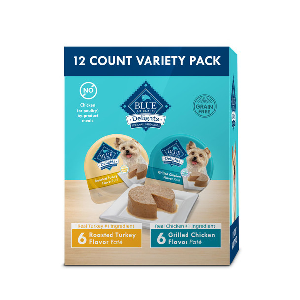 Blue Buffalo Delights Small Breed Natural Wet Dog Food Variety Pack Top Sirloin Pat And Grilled Chicken Pat 3.5-Oz Cups 12 Count