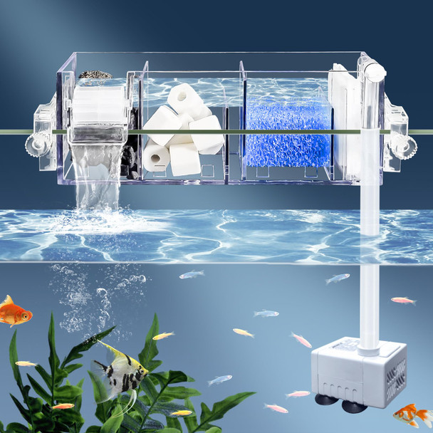 Bluecoco Premium Multi-Layer Aquarium Filter For 20 To 30 Gallon Fish Tanks: Oxygenating Water Wheel Low-Noise Operation Dual-Sided Suspension Transparent (Large)