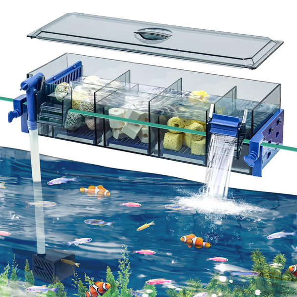 Bluecoco Multi Layer Aquarium Fish Tank Filter With Waterfall Oxygenation Suitable For 5-50 Gallon Fish Tanks Flexible Mounting Dust & Splash Protection