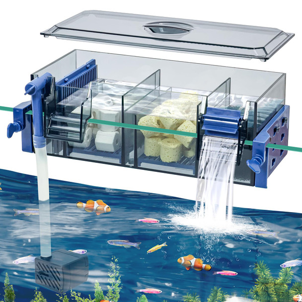 Bluecoco Multi Layer Aquarium Fish Tank Filter With Waterfall Oxygenation Suitable For 5-50 Gallon Fish Tanks Flexible Mounting Dust & Splash Protection