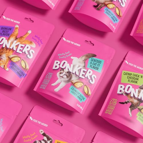 Bonkers Bites Crunchy & Soft Seafood & Eat It Flavor Cat Treats Low Calorie Pet Treats Training Treats Or Food Topper 3 Oz Resealable Bag For All Breeds And Ages Value Pack (10 Pack)