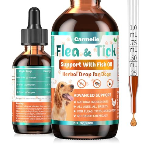 Carmelie Flea & Tick Support For Dogs Natural Flea And Ticks Comfort For Dog With Fish Oil Flea & Tick Liquid Herbal Drop For Dogs - All Breeds & Ages - Chicken
