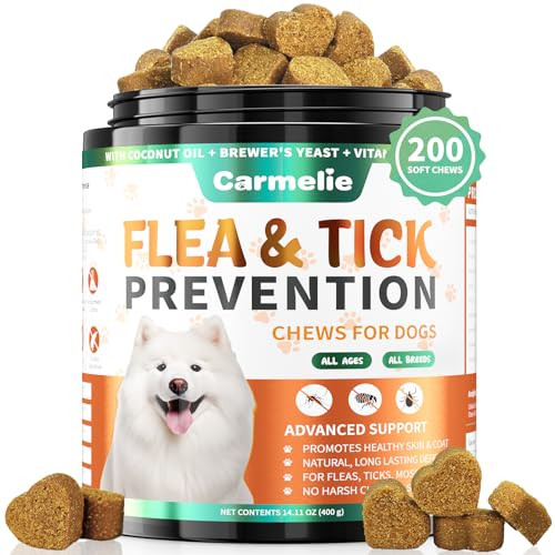 Carmelie Flea And Tick Prevention For Dogs - 200 Soft Chewables Natural Dog Flea And Tick Support - Oral Flea Supplement For All Breeds & Size Dogs Puppy Flea Protection - Duck Flavor