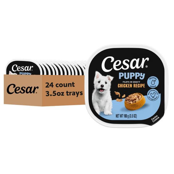 Cesar Puppy Classic Loaf In Sauce Wet Dog Food Chicken & Beef Recipe 3.5 Oz. Easy Peel Trays Dog Food Toppers 24 Count