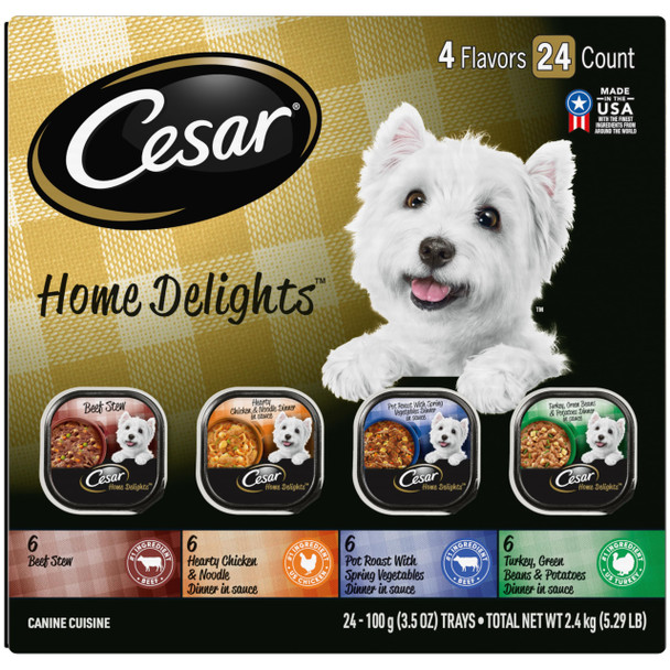 Cesar Home Delights Adult Wet Dog Food Pot Roast With Spring Vegetables Beef Stew Turkey Green Beans & Potatoes And Hearty Chicken & Noodle Dinner In Sauce Variety Pack 3.5 Oz. 24 Count