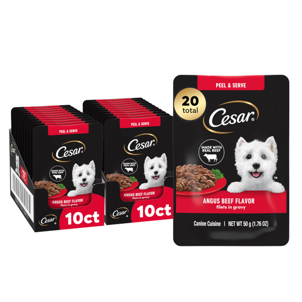 Cesar Filets In Gravy Wet Dog Food Rotisserie Chicken Flavor Filet Mignon Flavor And Wood-Grilled Chicken Variety Pack Wet Food For Dogs 1.76 Oz. Mini-Pouches 40 Count