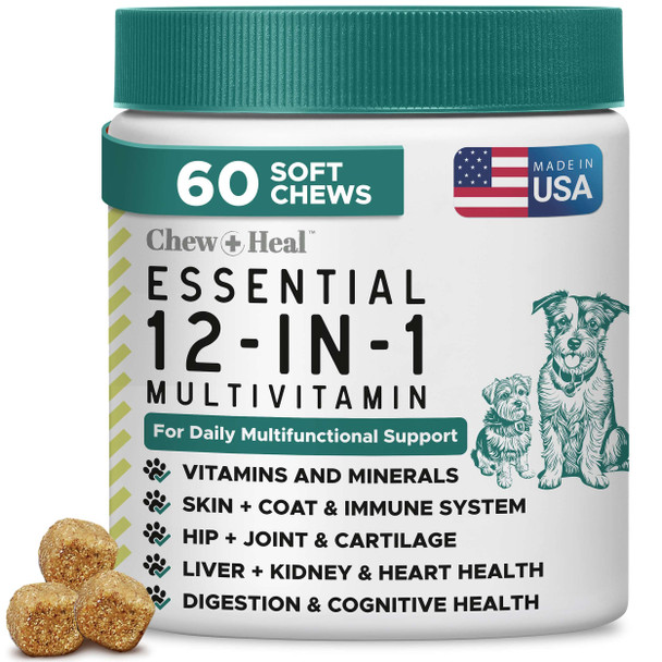 Chew + Heal Labs Dog Multivitamin Chewable - Chew + Heal 12-In-1 60 Ct Puppy & Senior Dog Vitamins & Supplements For Hip & Joint Skin & Coat Immune Support With Glucosamine Omega 369 Probiotics Chicken Flavor