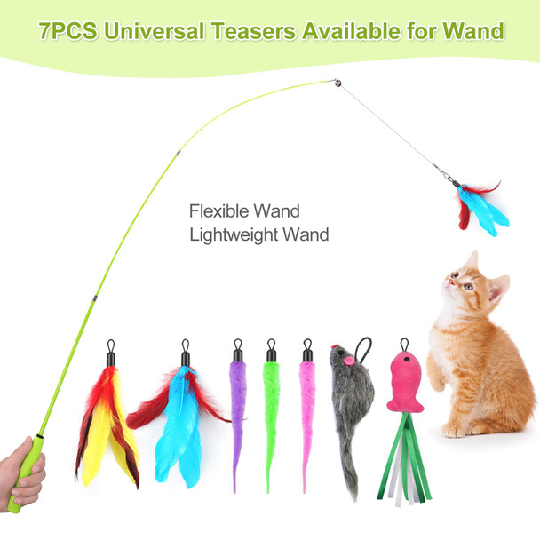 Chicwow Interactive Retractable Cat Wand & Hanging Toys For Cats - 2 Wands 2 Hanging 7 Teaser Cat Toys For Indoor Adult Cats Kitten Includes Feather Mouse Fish Worm 1 Spare Elastic Rope