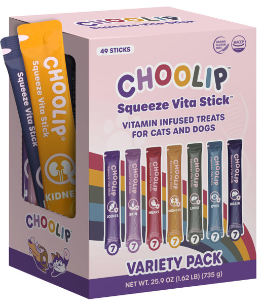 Choolip Squeeze Vita Stick Lickable Cat And Dog Treats 49-Count Variety Pack Real Meat Puree With Multivitamins For Total Pet Wellness Grain- High-Moisture Vet-Formulated