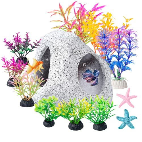 Comsun 12 Pcs Aquarium Decoration Cave Set Ceramic Fish Tank Hideaway Rock Accessories Colorful Plastic Aquarium Plants & Resin Starfish Small Fish Tank Ornaments For Pet Fish To Hideout And Rest