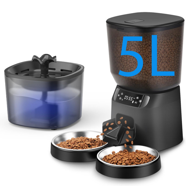 Corgote Automatic Cat Feeder And Water Fountain 4L/16 Cups Timed Cat Dry Food Dispenser 10S Meal Call 20 Portions 6 Meals Per Day 2L Cats Fountains For Drinking With Filter Pet Feeder For Dog Black