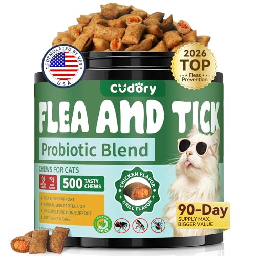 Cudory Flea And Tick Prevention For Cats 500 Cat Flea Treatment With Probiotics Chewables Crunchy & Creamy Treats Natural Oral Flea Supplement With Skin & Coat Digestive Support - Chicken Krill Flavor