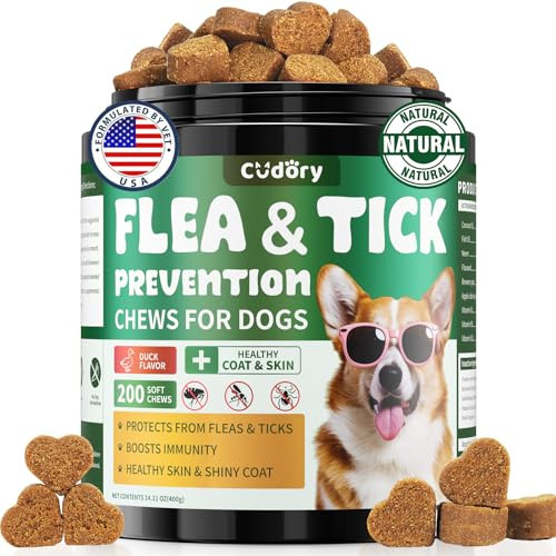 Cudory Flea And Tick Prevention For Dogs Chews 200 Soft Chews Dog Flea Chewables With Skin & Coat Support Oral Supplement For All Breeds & Ages Natural Duck Flavor