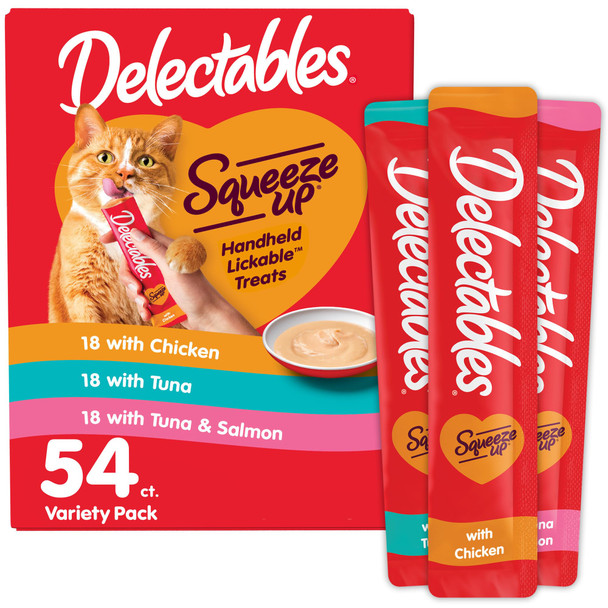 Delectables Squeeze Up Variety Pack Creamy Squeezable Puree Lickable Wet Cat Treats Grain No Added Fillers No By-Products No Added Preservatives 0.5 Ounces Tube 48 Tubes Total