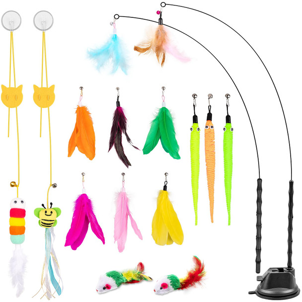 Depets Cat Wand Toy 15 Pcs Interactive Cat Feather Toys For Indoor Self Play & Exercise 2 Play Modes Kitten Teaser Wand Reusable Suction Cup Kitten Toys